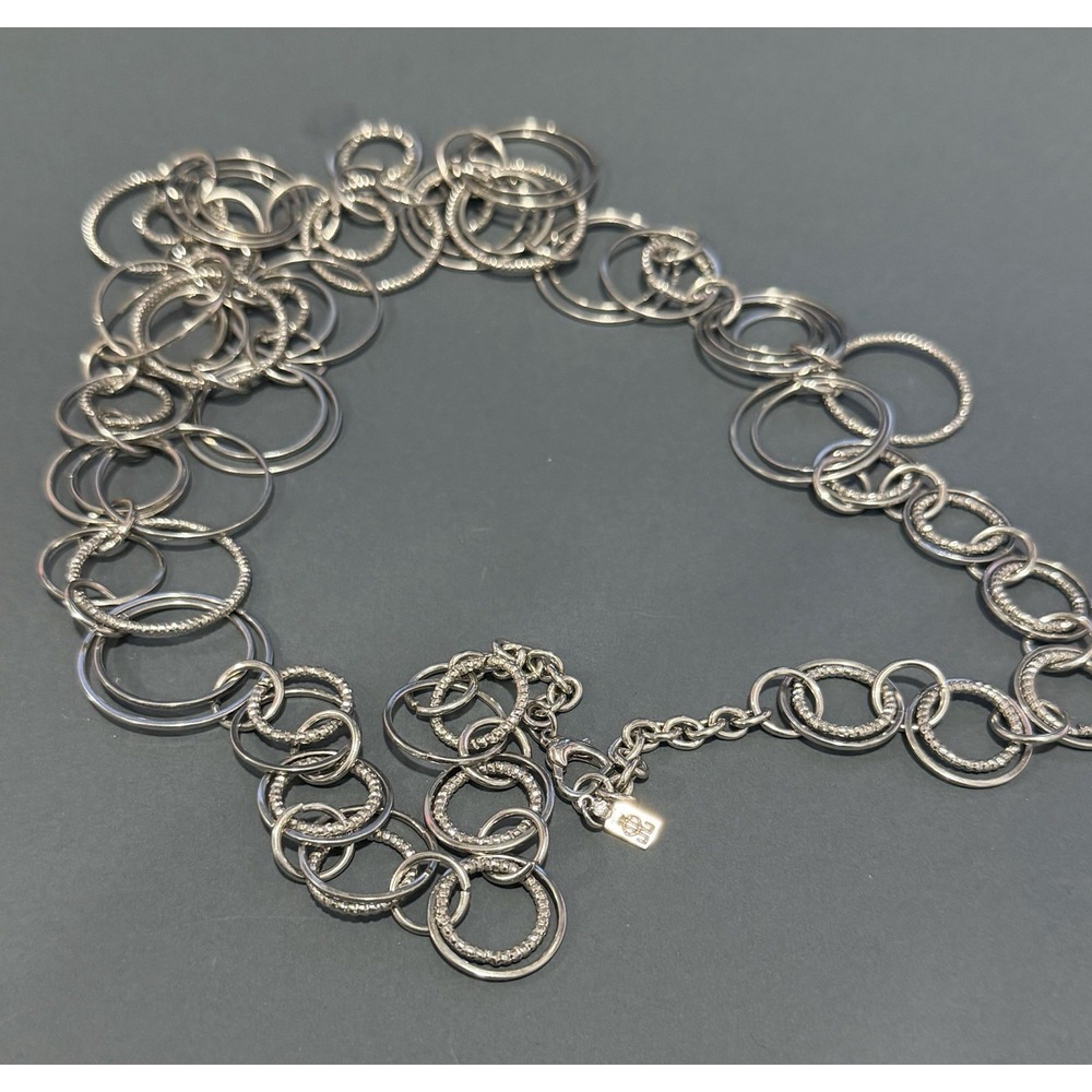Vintage Silver Tone Multi Circle Link Statement Necklace 36" Textured Long Chain